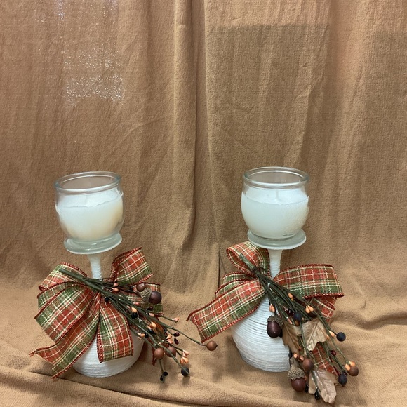 Plaid Ribbon Candle Holders with Glass Cups (3) - Picture 1 of 2